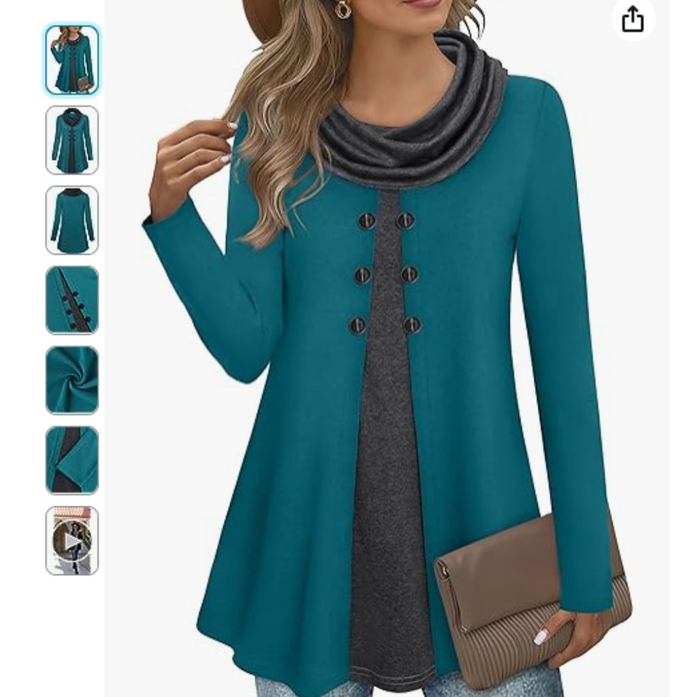 Bebonnie Womens Long Sleeve Cowl Neck Warm Splicing Tunic Tops with Buttons NWT